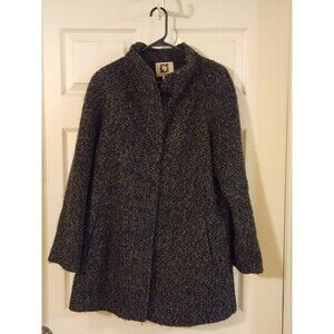 Anne Klein Womens Coat Size L Gray Black Wool Button Down Lined Overcoat